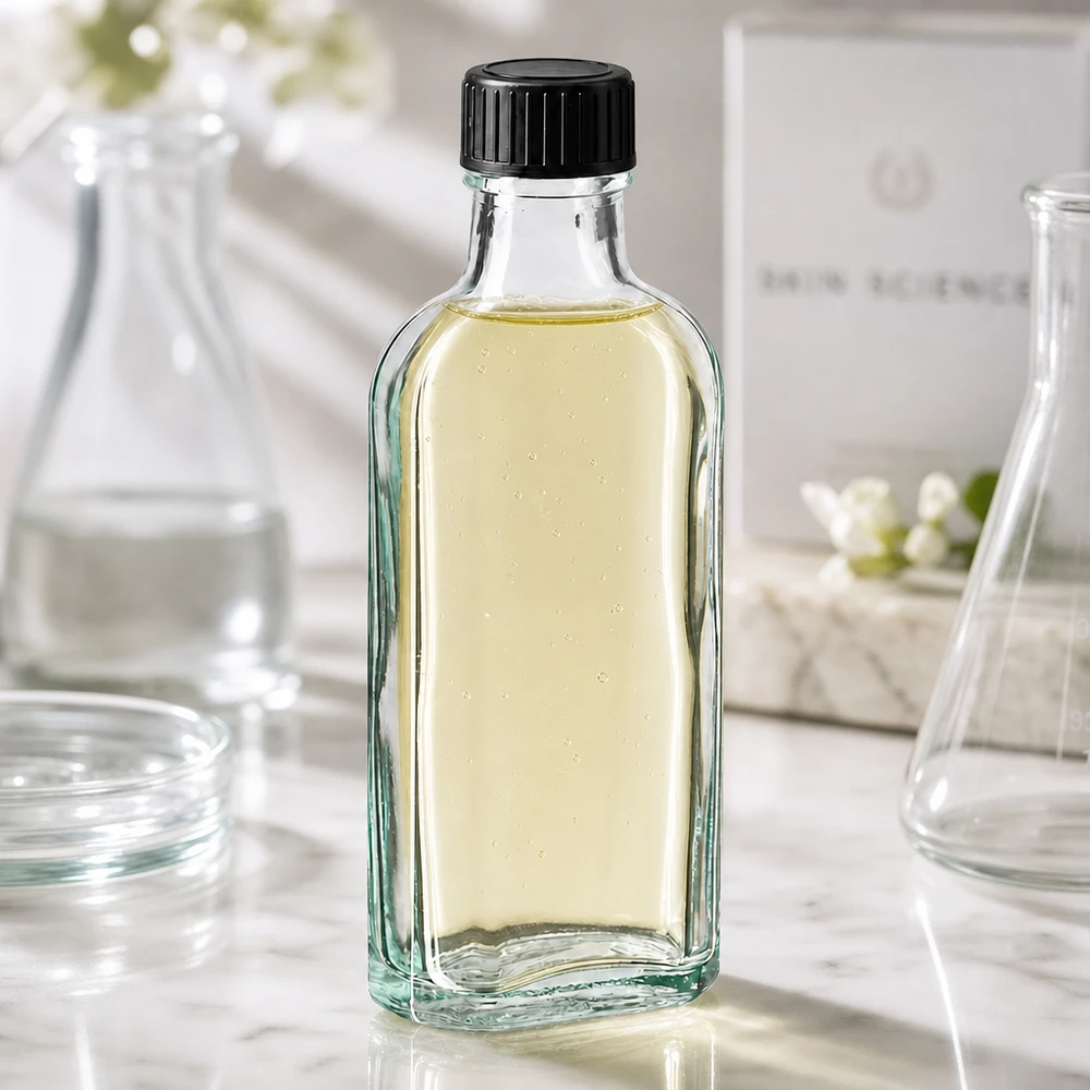 Napełniona butelka Meplat o pojemności 100 ml, wykonana z przezroczystego szkła, zawierająca żółtawy płyn i wyposażona w czarną zakrętkę