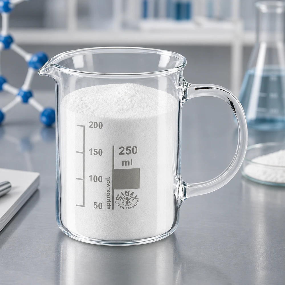 Zlewka 250 ml ze szkła borokrzemowego, z uchwytem Szklanka o pojemności 250 ml, wykonana ze szkła borokrzemowego, z uchwytem, wypełniona białym proszkiem w laboratorium