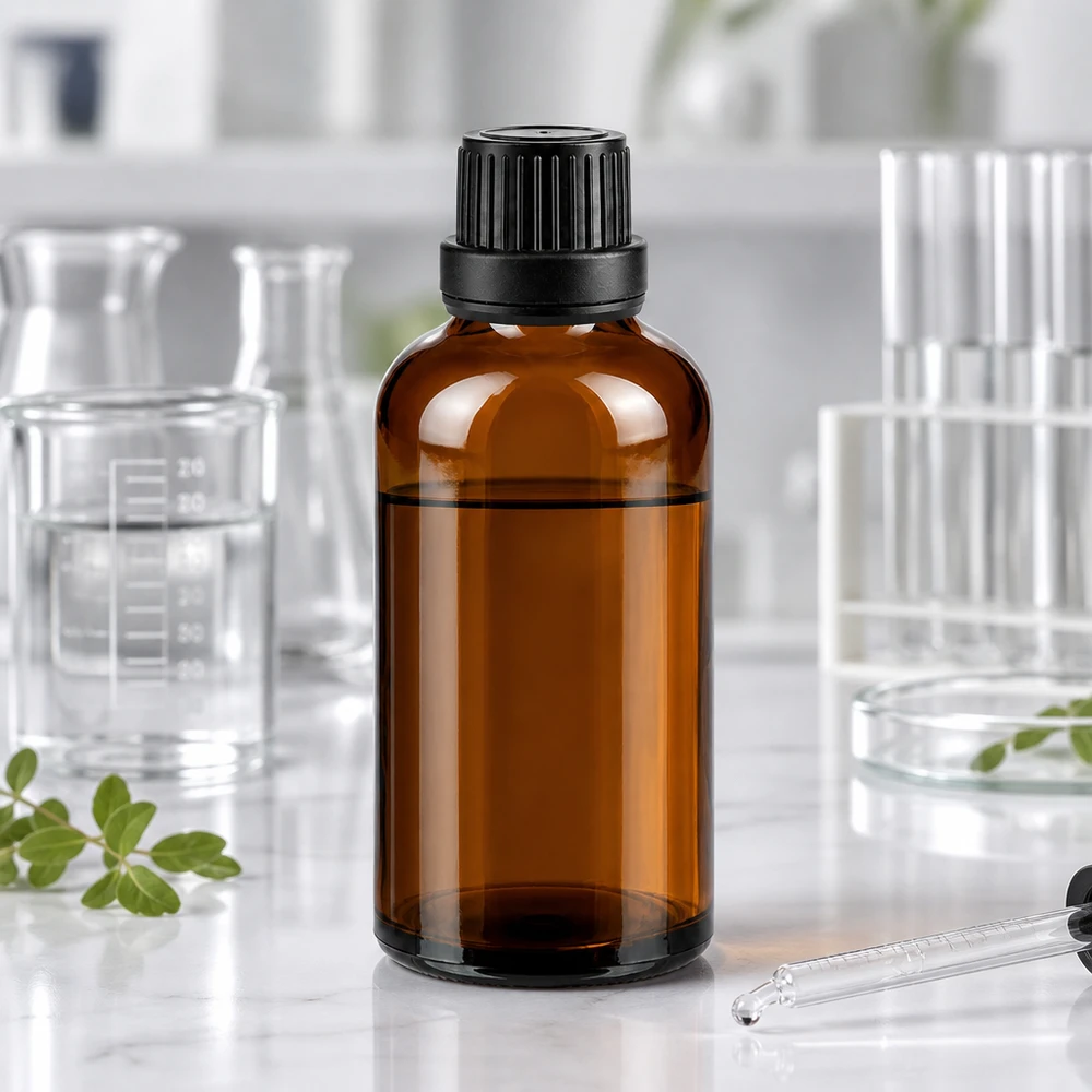 Butelka apteczna brązowa 50ml zakrętka czarna szczelna OV Butelka apteczna o pojemności 50 ml z brązowego szkła z oryginalnym czarnym zamknięciem, stojąca na marmurze w laboratorium