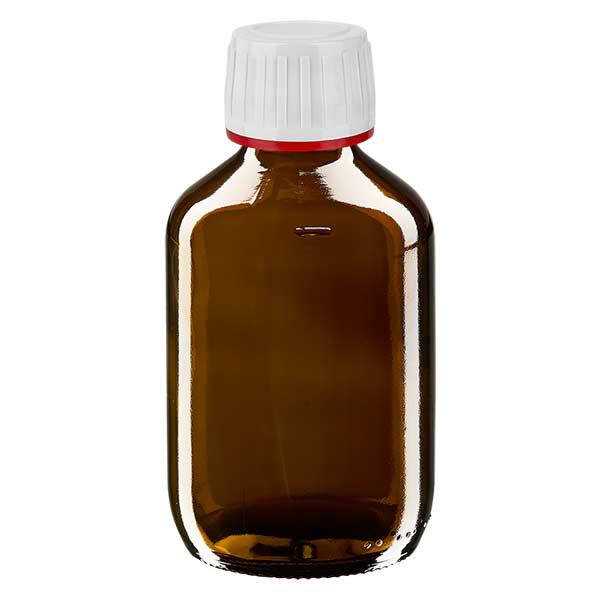 Butelka na lek 200 ml brązowa, zakrętka biała z czerwonym pierścieniem ApoGlas umożliwiającym manipulację. Farmaceutyczna jakość produkcji UE. Gwint 28 mm (PP28). (syrop, butelka z lekkiego szkła) Butelka na lek 200 ml brązowa, zakrętka biała z czerwonym pierścieniem ApoGlas umożliwiającym manipulację. Farmaceutyczna jakość produkcji UE. Gwint 28 mm (PP28). (syrop, butelka z lekkiego szkła)
