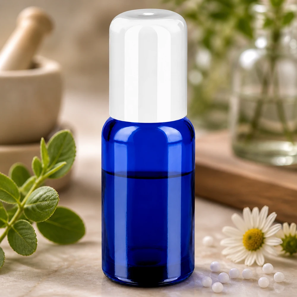 Butelka roll-on 20 ml wykonana z wytrzymałego szkła z praktyczną białą zakrętką do użytku mobilnego