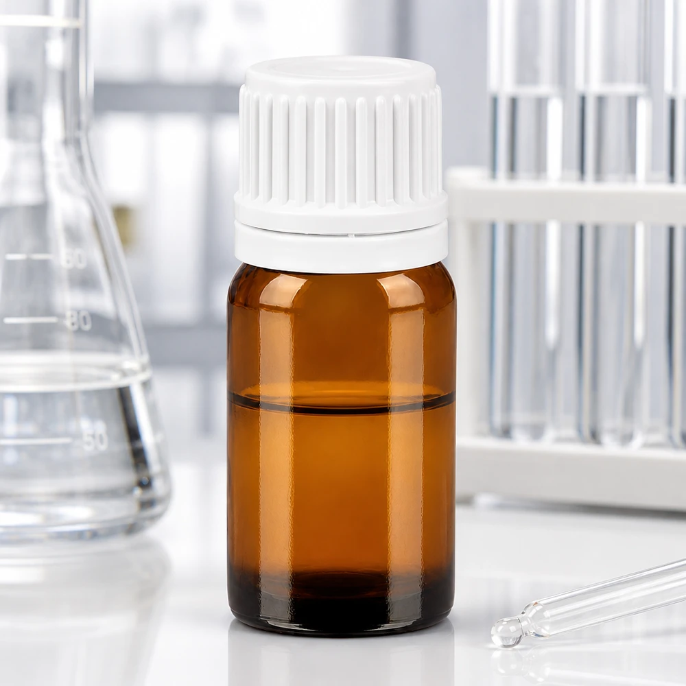 Butelka laboratoryjna 5 ml wykonana z bursztynowego szkła chroniącego przed promieniowaniem UV z białą zakrętką dla farmacji