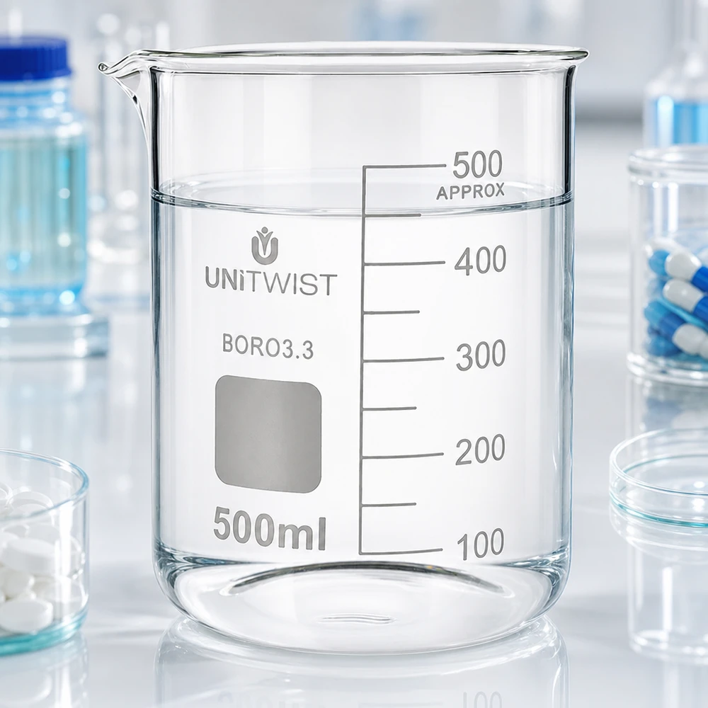 Zlewka 500 ml borokrzemianowa, niski kształt UNiTWIST Szklanka UNiTWIST o pojemności 500 ml, wykonana z borokrzemianu, o niskim profilu, z wyraźną skalą, przeznaczona do zastosowań laboratoryjnych