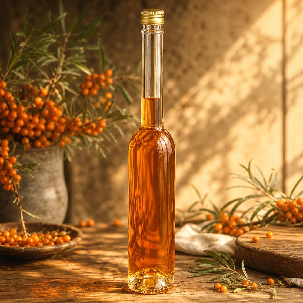 Szklana butelka 100 ml Toni i srebrna zakrętka UNiTWIST® Elegante 100ml Glasflasche Toni mit Sanddornöl befüllt - goldener Verschluss, edle Optik für Küche und Geschenke