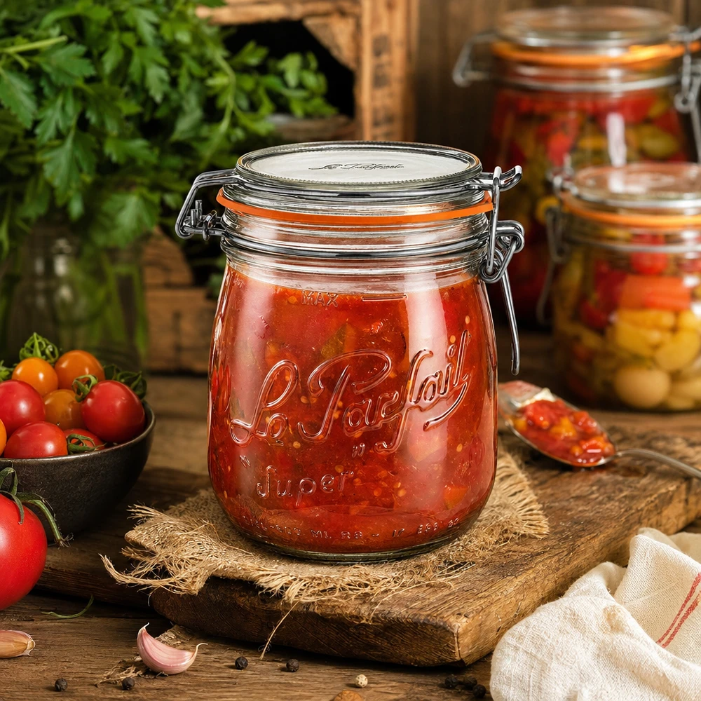 Słoik Le Parfait Super o pojemności 750 ml z uchylną pokrywką wypełniony sosem pomidorowym na rustykalnym drewnianym stole