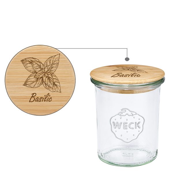 Drewniana pokrywka „Bazylia” ze szklaną pokrywką WECK 160 ml Drewniana pokrywka „Bazylia” ze szklaną pokrywką WECK 160 ml