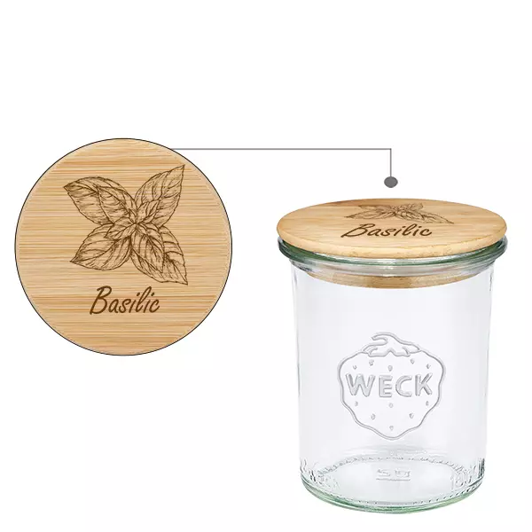 Drewniana pokrywka „Bazylia” ze szklaną pokrywką WECK 160 ml
