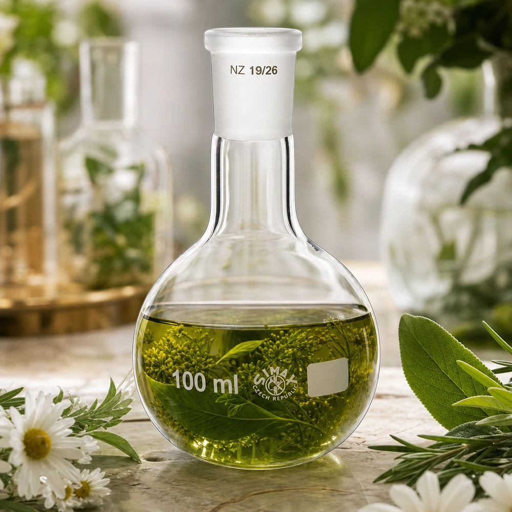 Kolba biodrowa z zielonym roztworem ziołowym 100 ml - wysokiej jakości szkło laboratoryjne ze standardowym szlifowanym złączem 19/26