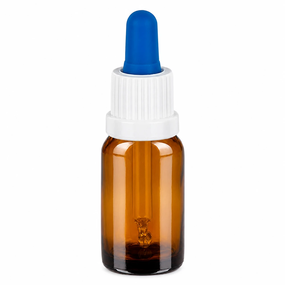 Butelka z pipetą 10 ml w kolorze brązowym z białą zakrętką i niebieską pipetą do precyzyjnego dozowania