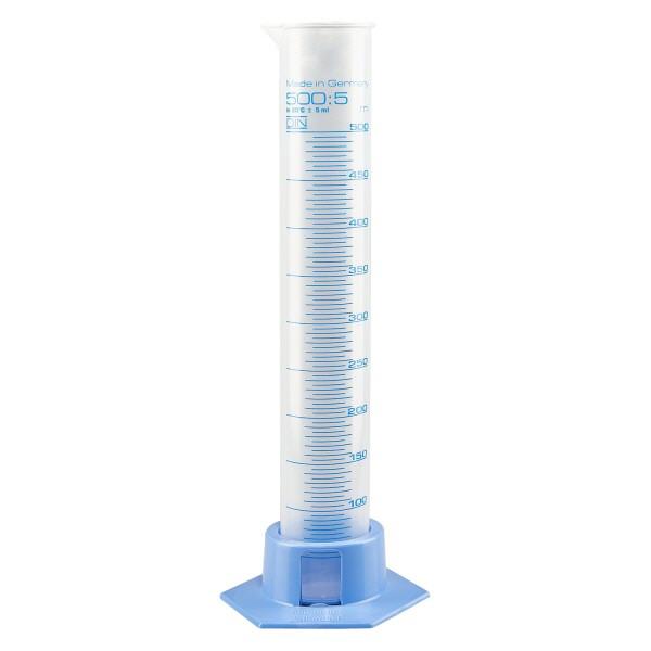 Cylinder miarowy 500 ml PP, z podziałką i jasnoniebieską podstawą Cylinder miarowy 500 ml PP, z podziałką i jasnoniebieską podstawą