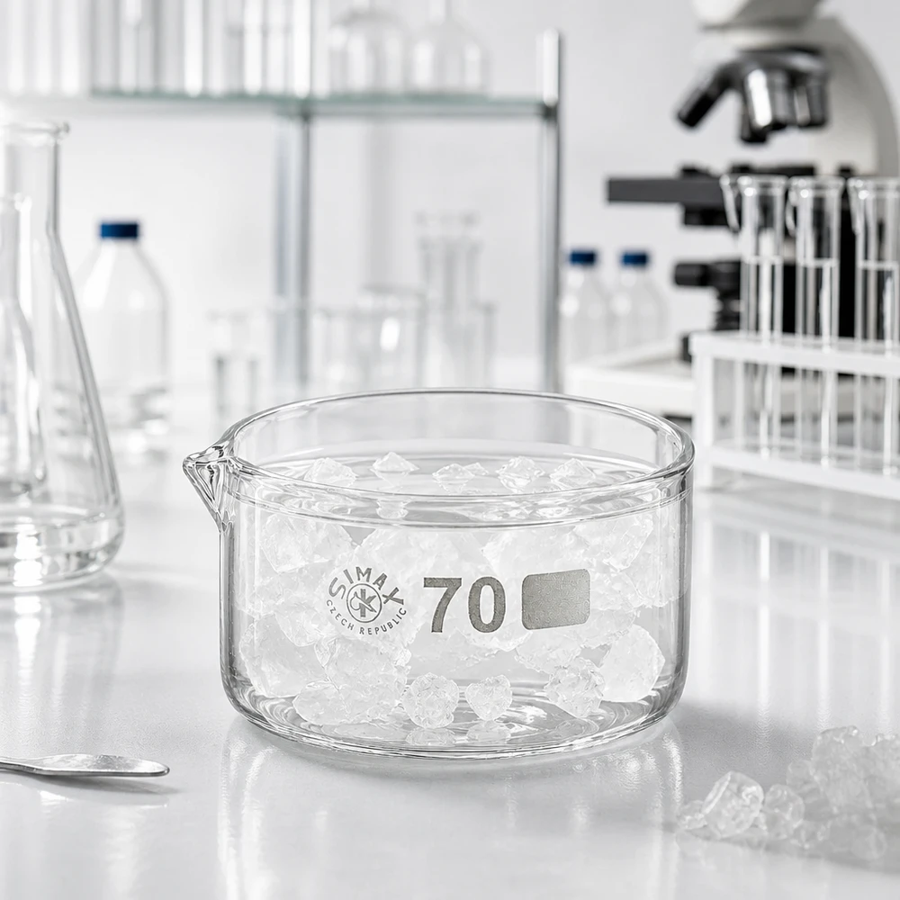 Płaskie szklane naczynia o pojemności 100 ml wypełnione kryształkami w laboratorium na białym blacie roboczym