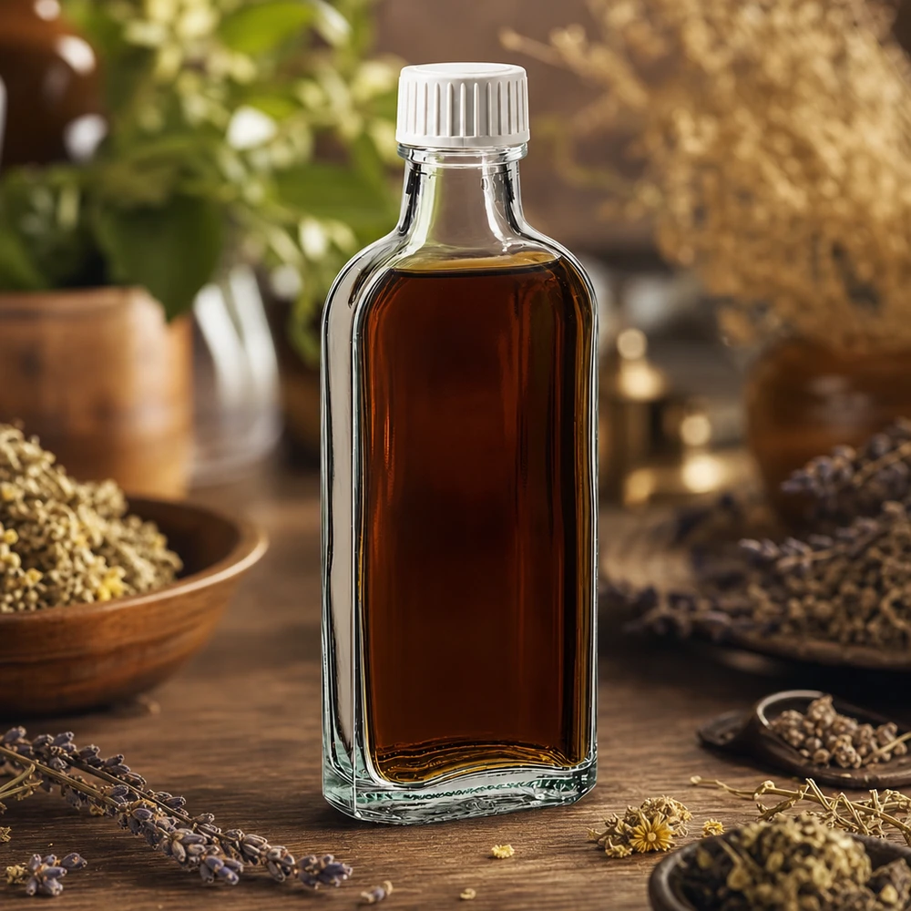 100 ml Przezroczysta zakrętka Meplat z wkładką z pianki PE Przezroczysta butelka Meplat o pojemności 100 ml z białym zamknięciem, umieszczona wśród suszonych ziół na drewnie