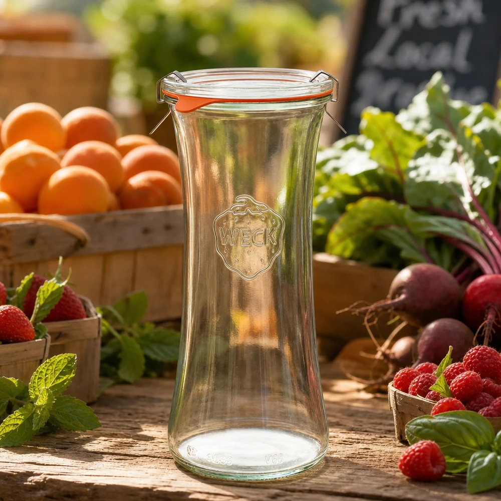 Słoik delikatesowy 700ml kompletny WECK RR80 WECK Delikatessenglas 700ml RR80 leer auf Holztisch mit frischen Beeren, Orangen und Gemüse in natürlicher Gartenszene