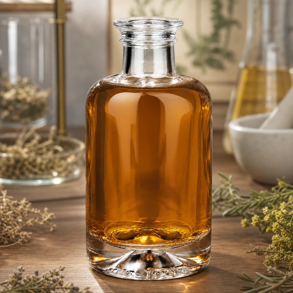 100ml Glasflasche Sofia mit bernsteinfarbenem Öl in natürlicher Kräuter-Deko-Szene auf Holzuntergrund