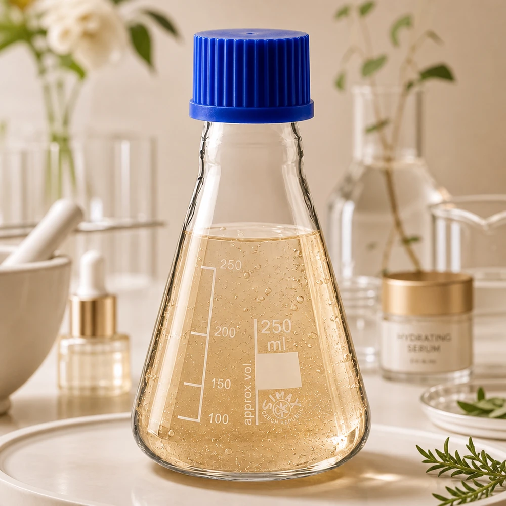 Kolba Erlenmeyera 250 ml z zakrętką Kolba miarowa Erlenmeyera 250 ml z podziałką mililitrową i niebieskim korkiem do precyzyjnego określania objętości