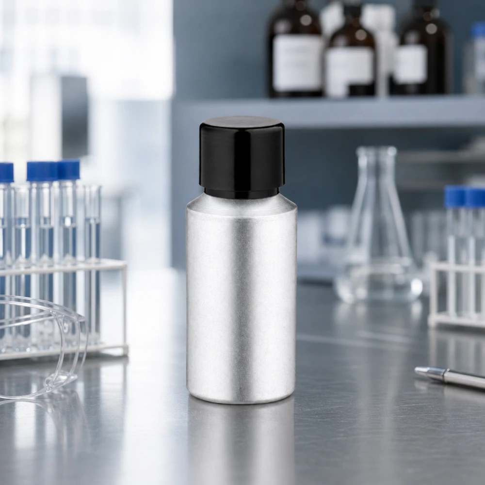 Butelka z barwionego aluminium o pojemności 30 ml z zakrętką Butelka z barwionego aluminium o pojemności 30 ml z matowym wykończeniem i czarną nakrętką zapewnia precyzyjne dozowanie.
