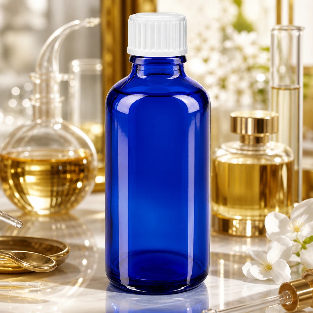 Niebieska szklana butelka o pojemności 50 ml z białą zakrętką, stojąca wśród złotych przyrządów laboratoryjnych