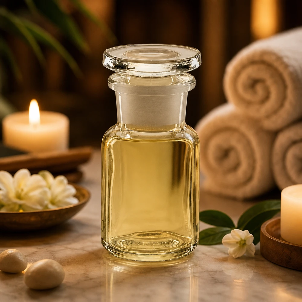 Okrągła butelka na ramię 50 ml z przezroczystym szklanym korkiem z szeroką szyjką Przezroczysta szklana butelka o pojemności 50 ml z szeroką szyjką i korkiem, w relaksującej atmosferze spa przy blasku świec