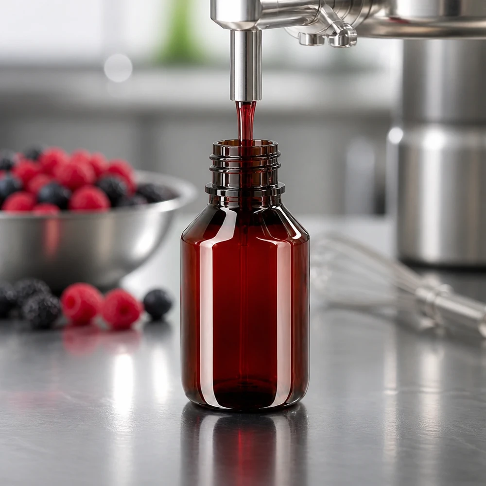 Butelka PET 50 ml z atomizerem czarna Transparente braune 50ml PET Flasche bei automatischer Befüllung mit rotem Pflanzenextrakt