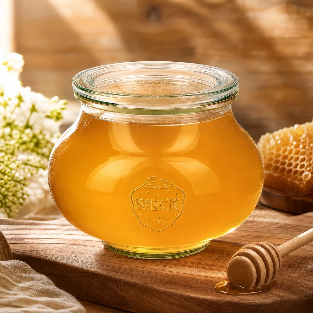Słoik jubilerski WECK 560ml RR80 wypełniony miodem obok łyżki miodu, plastra miodu i białych kwiatów na drewnianej desce