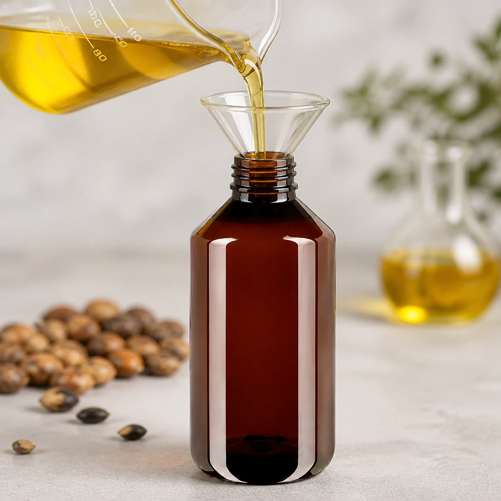 Butelka PET 750 ml z białym standardem OV Butelka PET o pojemności 750 ml w kolorze bursztynowym podczas napełniania złotym olejem za pomocą szklanego lejka