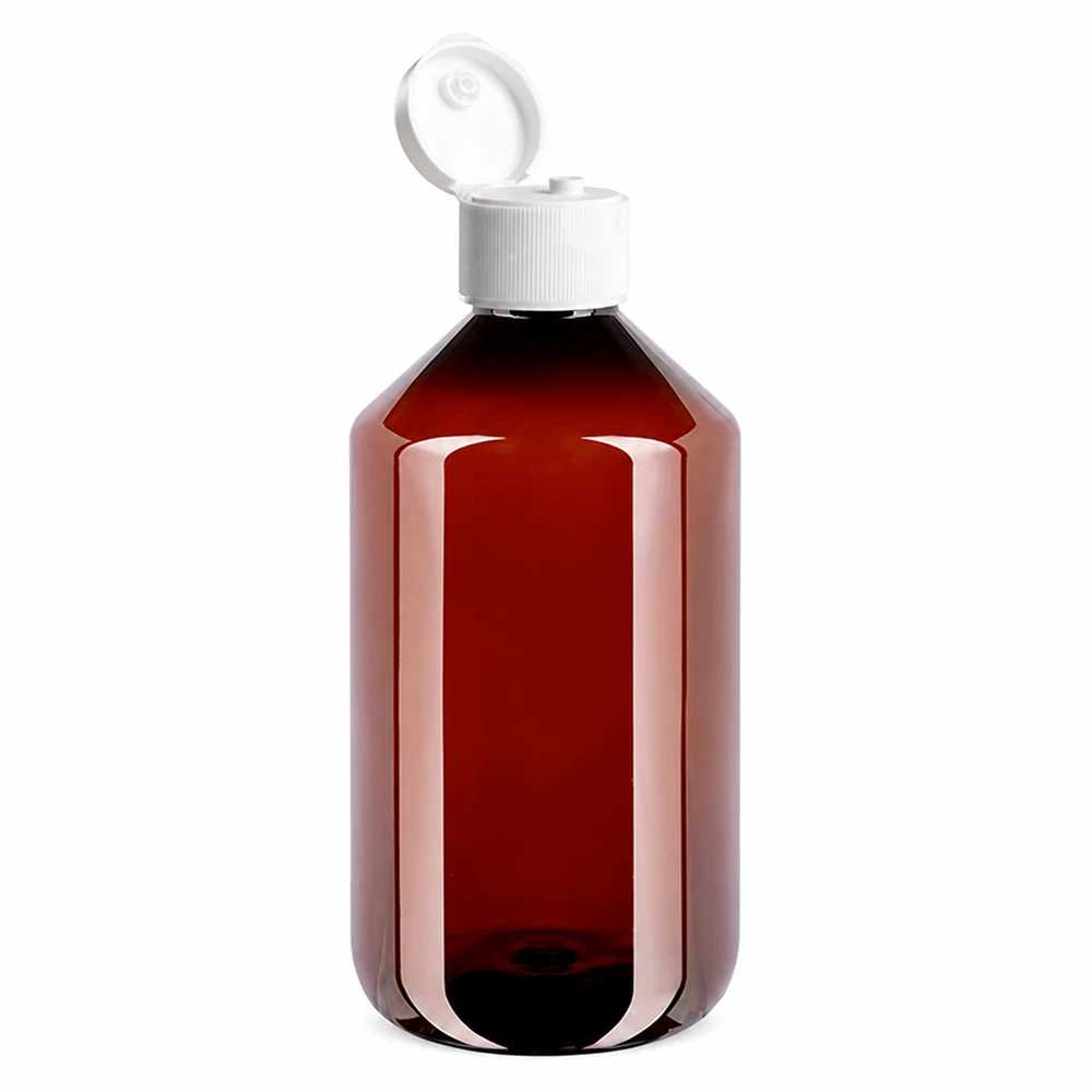 Butelka PET o pojemności 500 ml w kolorze bursztynowym z białym zamknięciem klapkowym z przezroczystego tworzywa sztucznego