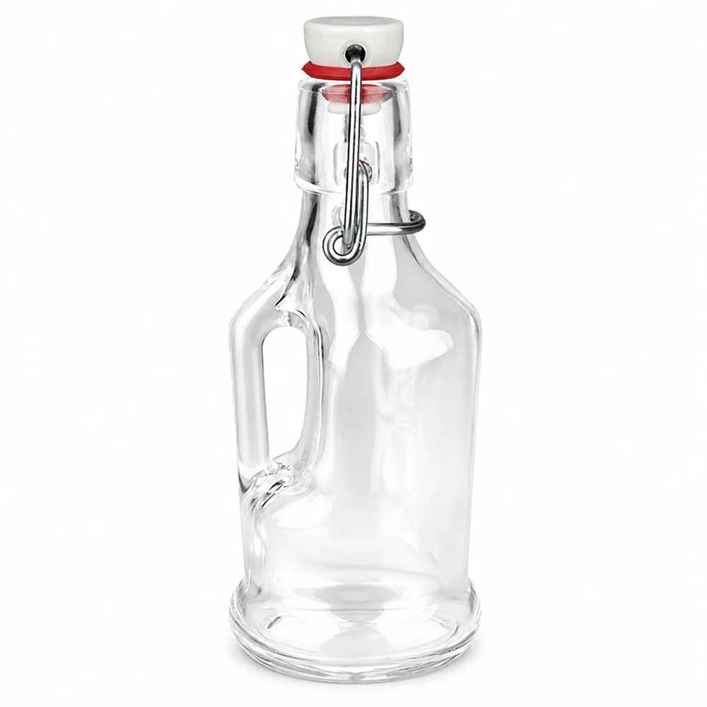 200 ml szklana butelka Bertha z PVC z uchylnym wieczkiem UNiTWIST, przezroczyste szkło, uchwyt, biały ceramiczny korek