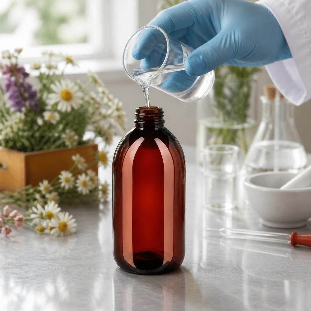 Butelka PET 250 ml z białym standardem OV Butelka z ochroną przed światłem o pojemności 250 ml, wykonana z PET, z białym zamknięciem typu OV, przeznaczona do płynnych ekstraktów naturalnych