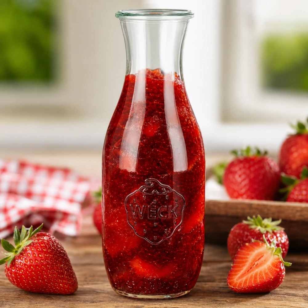 Butelka na sok WECK RR60 o pojemności 1062 ml Butelka na sok WECK 1062ml RR60 wypełniona czerwonym sokiem truskawkowym otoczonym świeżymi truskawkami na drewnianej podstawie