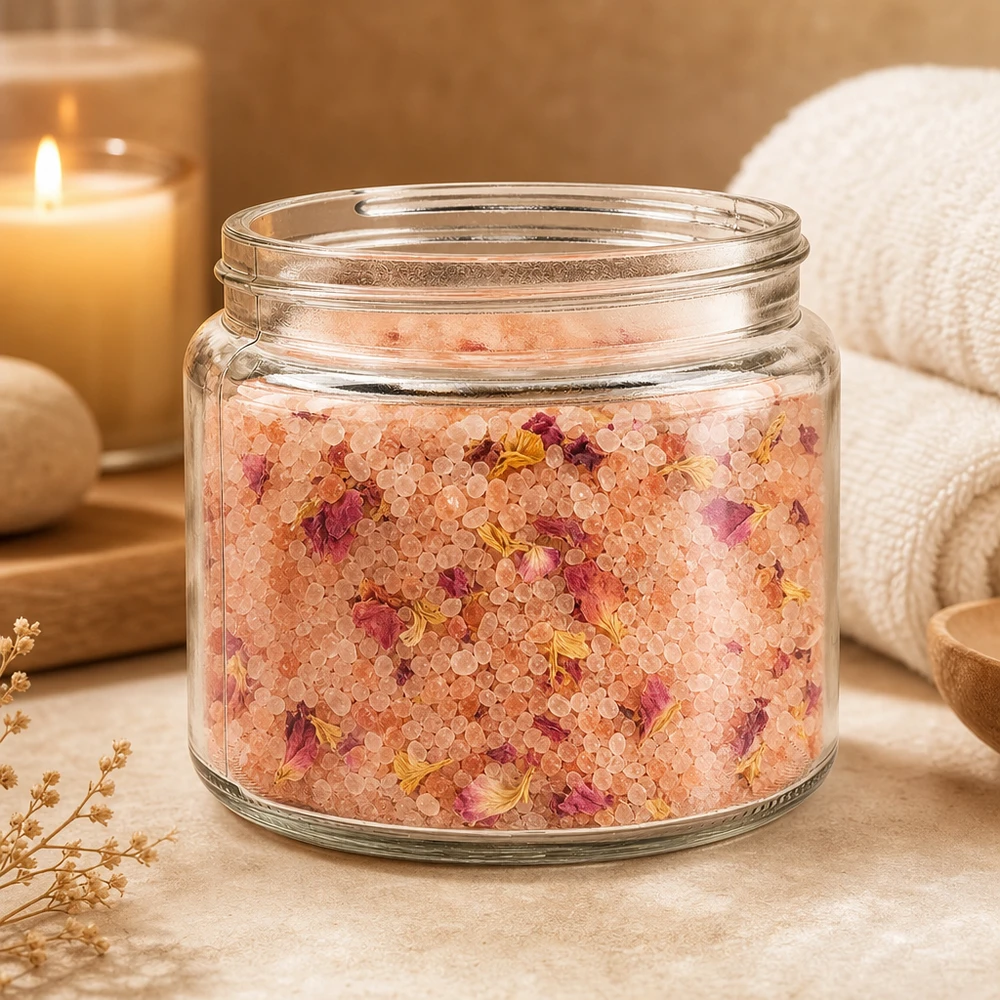 Słoik na maść (słoik szklany) 250 ml przezroczysty, bez pokrywki, gwint 83 mm/R3 Szklany słoik o pojemności 250 ml ozdobiony naturalną scenerią spa z solami do kąpieli, kwiatami, świecami i ręcznikiem.