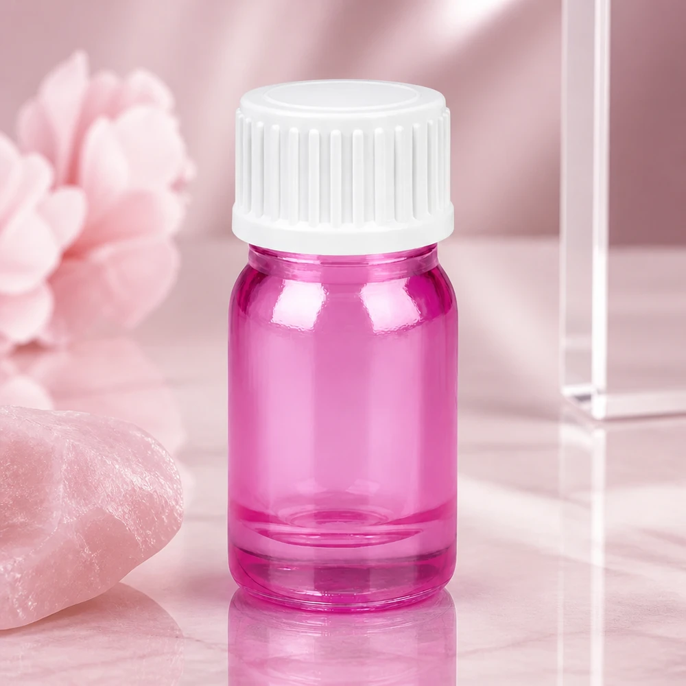 Butelka 5 ml (kuleczka) 3 mm pierścień do nalewania biały standardowy PurpleLine UT18/5 Kompaktowa szklana butelka 5 ml w kolorze różowym z białą nakrętką do mobilnej aromaterapii i podróży