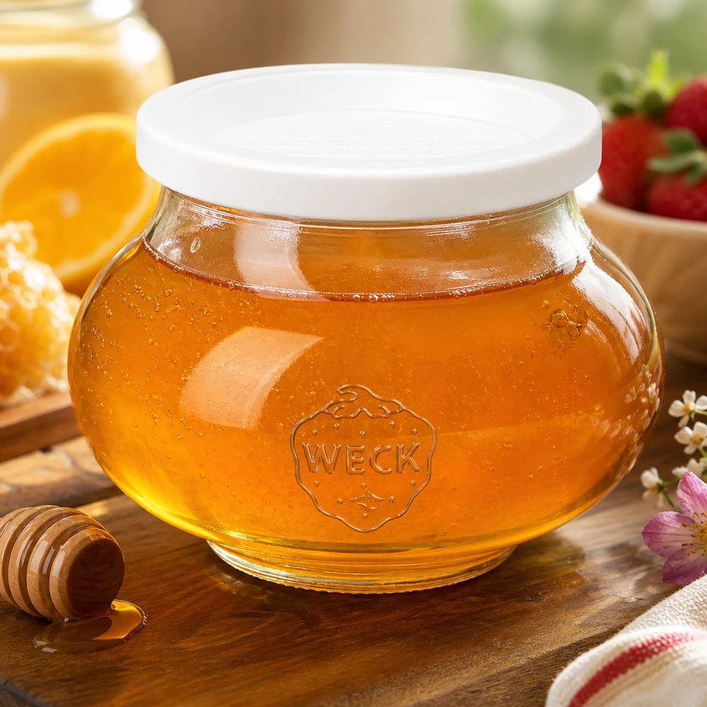 Szklany słoik ozdobny o pojemności 560 ml z pokrywką zachowującą świeżość WECK RR80 Słoik miodu WECK 560ml RR80 wypełniony miodem i łyżka miodu na rustykalnej drewnianej desce z plastrami pomarańczy