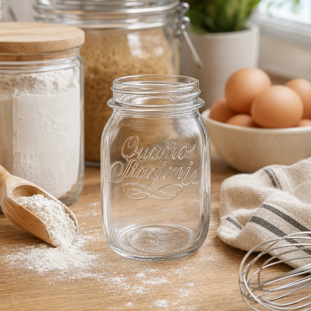Szklanka do użytku domowego 500 ml "Quattro Stagioni" Kieliszek domowy Quattro Stagioni 500 ml na drewnianym stole z przyborami kuchennymi, jajkami i mąką w tle