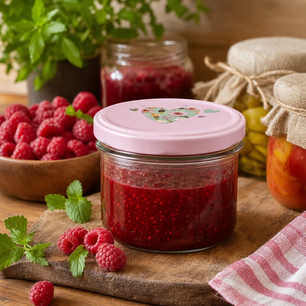 Domowy dżem malinowy w słoiku o pojemności 225 ml z różową pokrywką BasicSeal w kształcie serca, otoczony świeżymi malinami.