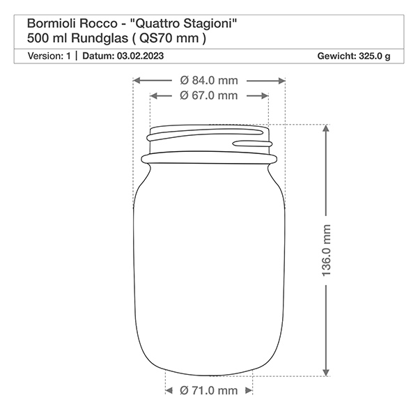 Słoik okrągły 700 ml „Quattro Stagioni” z pokrywką Rysunek techniczny 500ml Quattro Stagioni okrągła szklanka o wymiarach średnica 84mm wysokość 136mm Bormioli Rocco