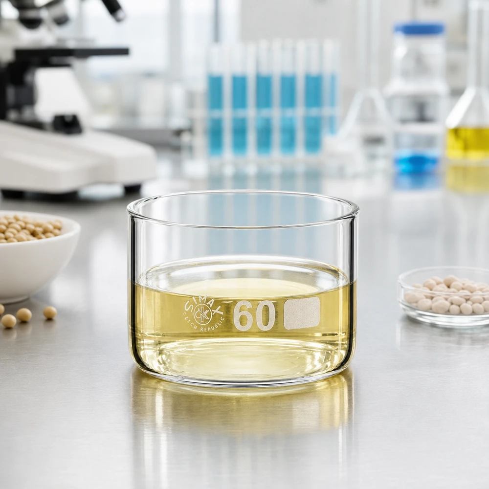 Miska krystalizacyjna o pojemności 60 ml z żółtawym roztworem w laboratorium badawczym obok ekstraktów z soi