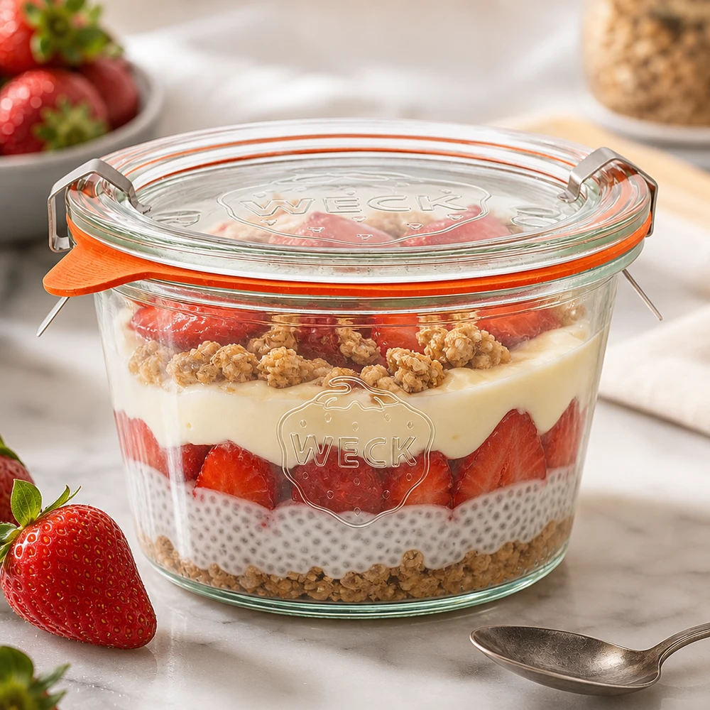 Kubki o pojemności 370 ml w komplecie WECK RR100 Kubki WECK 370ml RR100 z warstwowym deserem z puddingu chia i truskawek wykazują wszechstronne zastosowanie jako słoik na porcje.