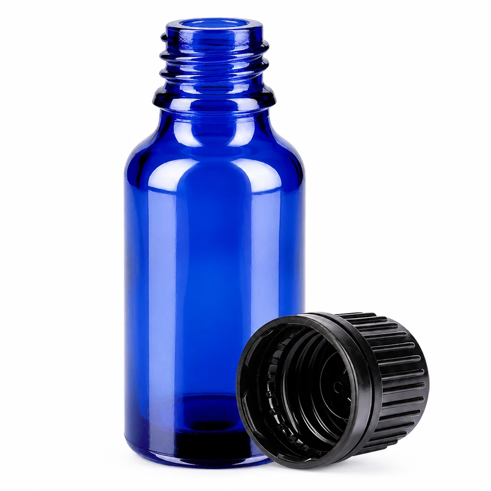 20 ml butelka z niebieskiego szkła z gwintem 11 mm i czarną zakrętką do precyzyjnego dozowania