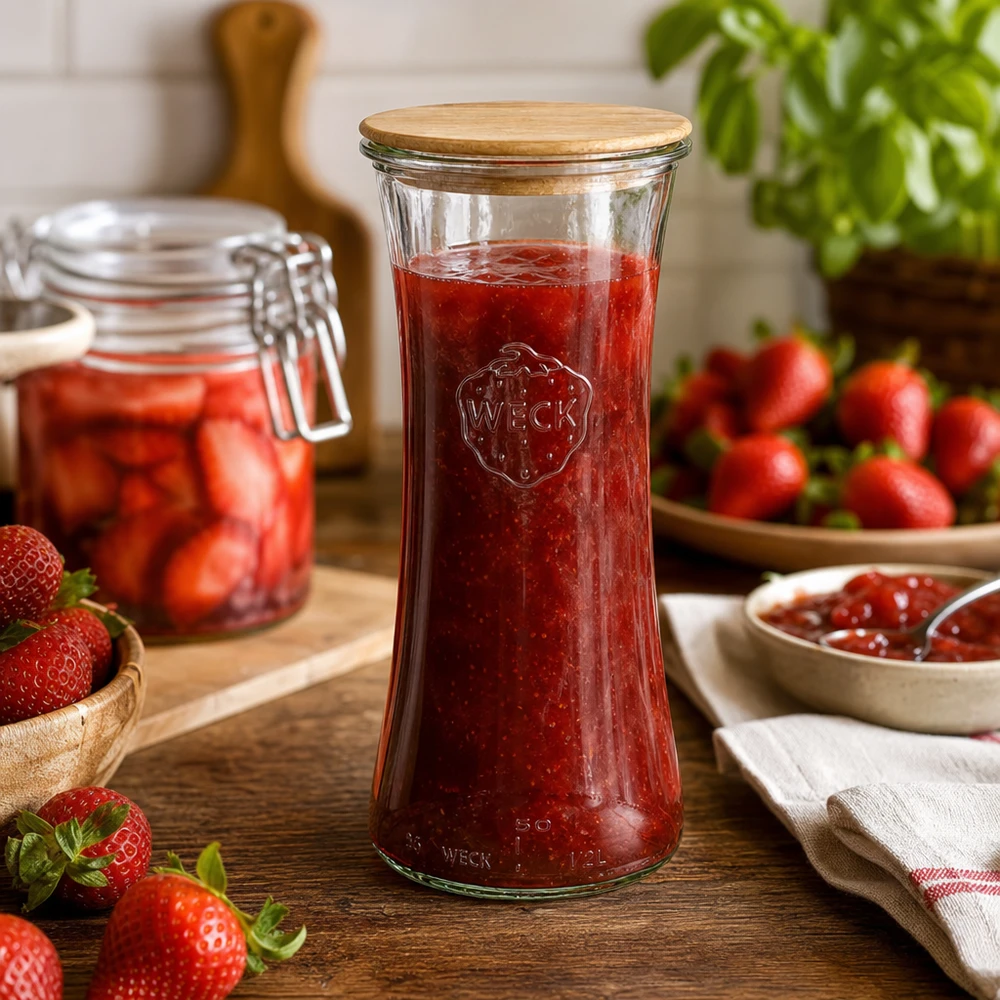 Słoik delikatesowy 700ml WECK RR80 z drewnianą pokrywką WECK szklany słoik 700ml z bambusową pokrywką wypełniony dżemem truskawkowym scena kuchenna przechowywanie przetworów