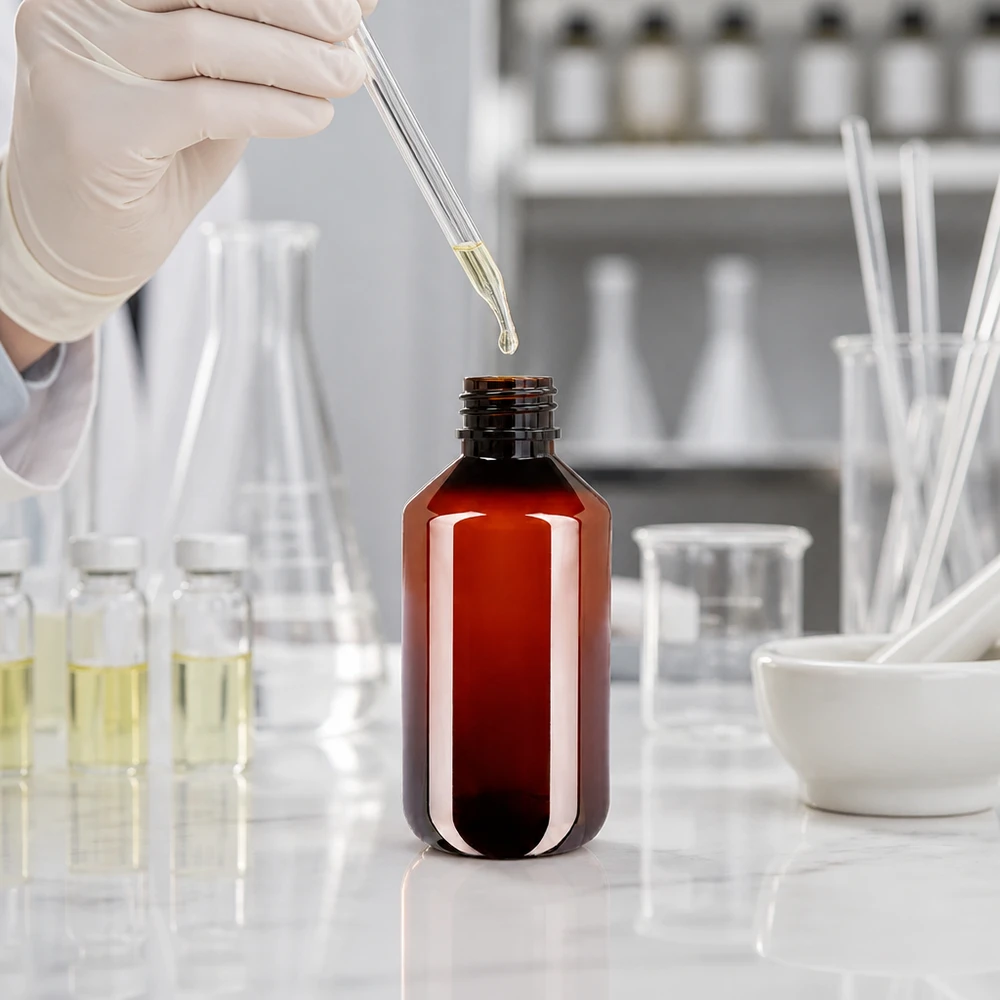 Butelka PET 100 ml z białym karbowanym OV Brązowe butelki laboratoryjne PET o pojemności 100 ml z białym zakrętkiem, przeznaczone do profesjonalnego napełniania w laboratorium