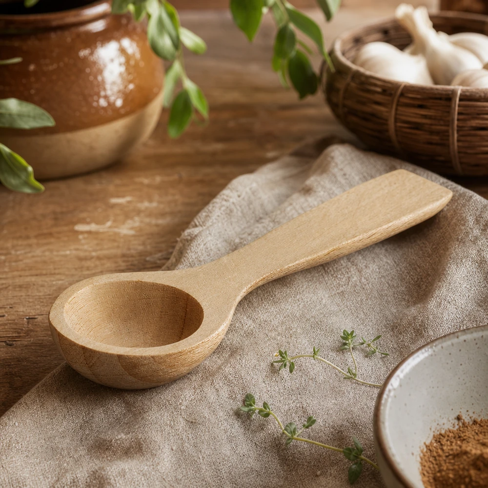 Mała drewniana łopatka w kształcie łyżki na lnianym płótnie ozdobiona ziołami rustykalna scena kuchenna drewno bukowe 7,7 cm