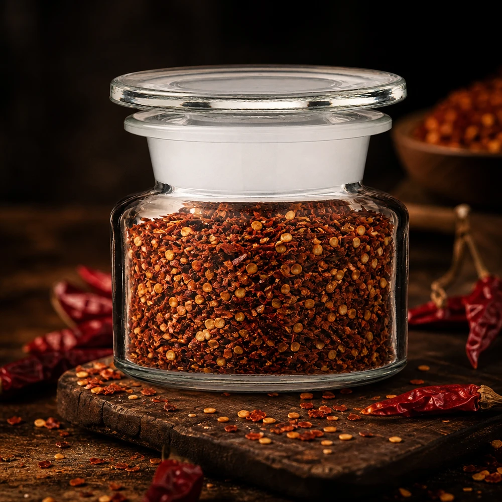 Butelka apteczna o pojemności 50 ml z szeroką szyjką, wykonana z przezroczystego szkła, wypełniona płatkami chili, obok suszonych czerwonych papryczek chili