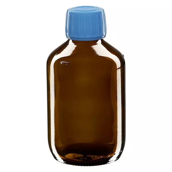 Butelka na lek 200 ml brązowa, niebieska zakrętka z pierścieniem zabezpieczającym ApoGlas. Farmaceutyczna jakość produkcji UE. Gwint 28 mm (PP28). (syrop, butelka z lekkiego szkła) Butelka na lek 200 ml brązowa, niebieska zakrętka z pierścieniem zabezpieczającym ApoGlas. Farmaceutyczna jakość produkcji UE. Gwint 28 mm (PP28). (syrop, butelka z lekkiego szkła)