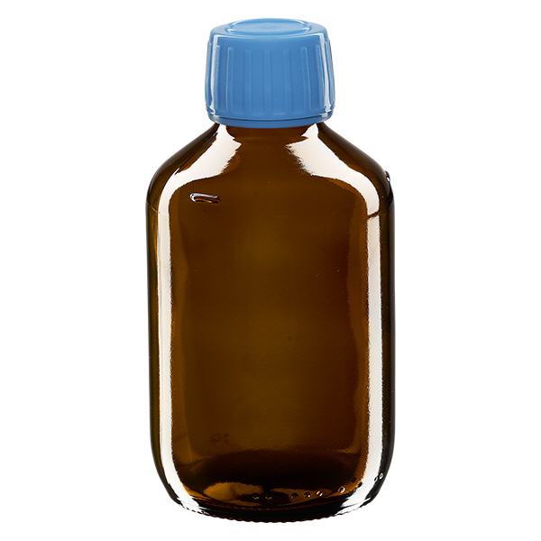 Butelka na lek 200 ml brązowa, niebieska zakrętka z pierścieniem zabezpieczającym ApoGlas. Farmaceutyczna jakość produkcji UE. Gwint 28 mm (PP28). (syrop, butelka z lekkiego szkła) Butelka na lek 200 ml brązowa, niebieska zakrętka z pierścieniem zabezpieczającym ApoGlas. Farmaceutyczna jakość produkcji UE. Gwint 28 mm (PP28). (syrop, butelka z lekkiego szkła)
