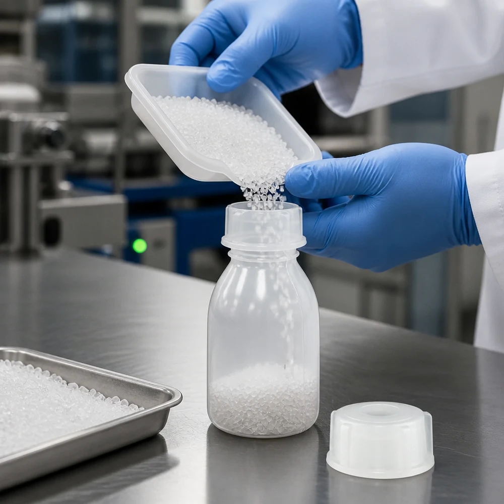 Butelka zakręcana 10 ml, butelka laboratoryjna z wąską szyjką Laborant, mając na sobie niebieską rękawiczkę, napełnia białe granulki z tworzywa sztucznego do 10 ml butelki z wąską szyjką i zakrętką