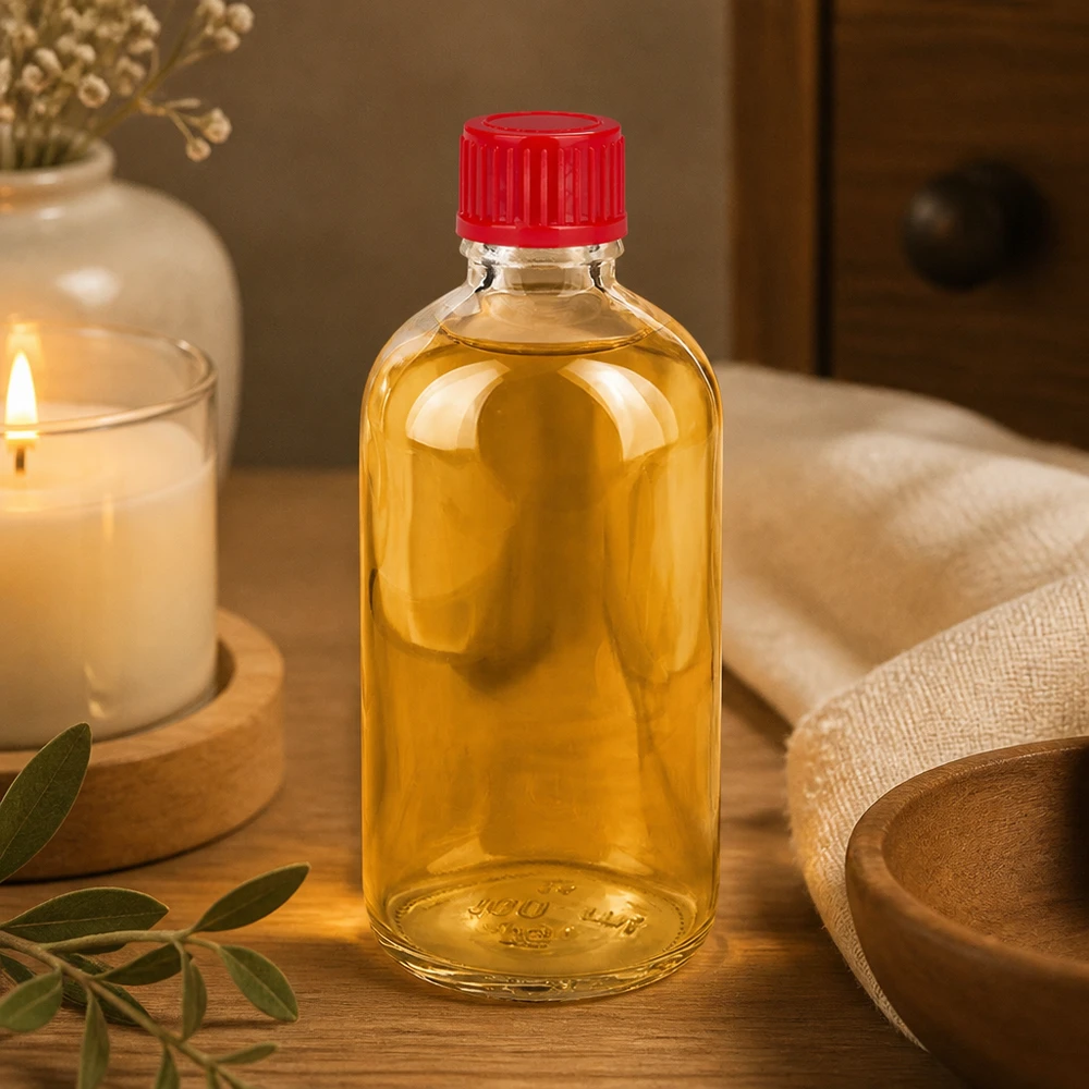Butelka ze szkła przezroczystego o pojemności 100 ml, wypełniona żółtym olejem, z czerwoną zakrętką 11 mm, model SV ClearLine UT18/100 Spa