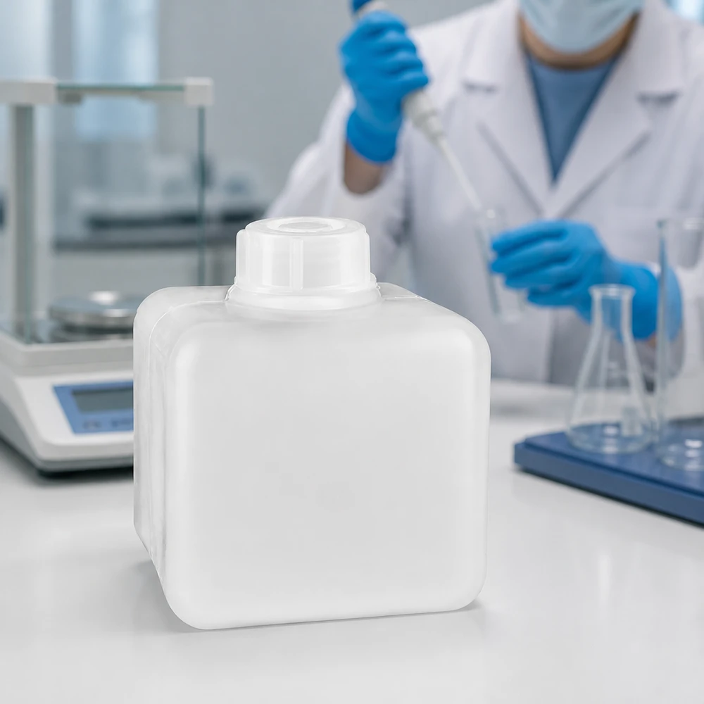 Butelka na chemikalia z PE-HD o pojemności 500 ml, z wąską szyjką, w kolorze naturalnym, w laboratorium obok wagi analitycznej