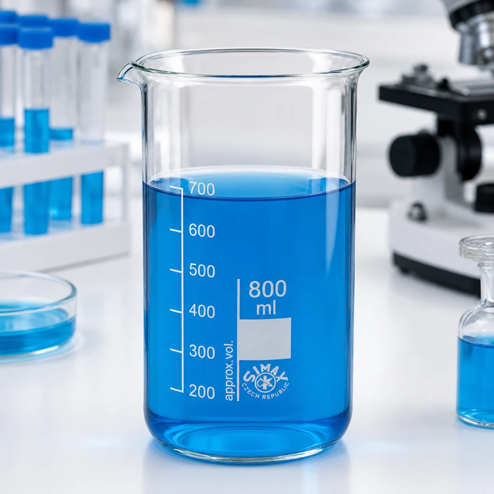 Pusta zlewka o pojemności 800 ml, wysoka, wykonana ze szkła borokrzemowego, z niebieskim płynem w laboratorium