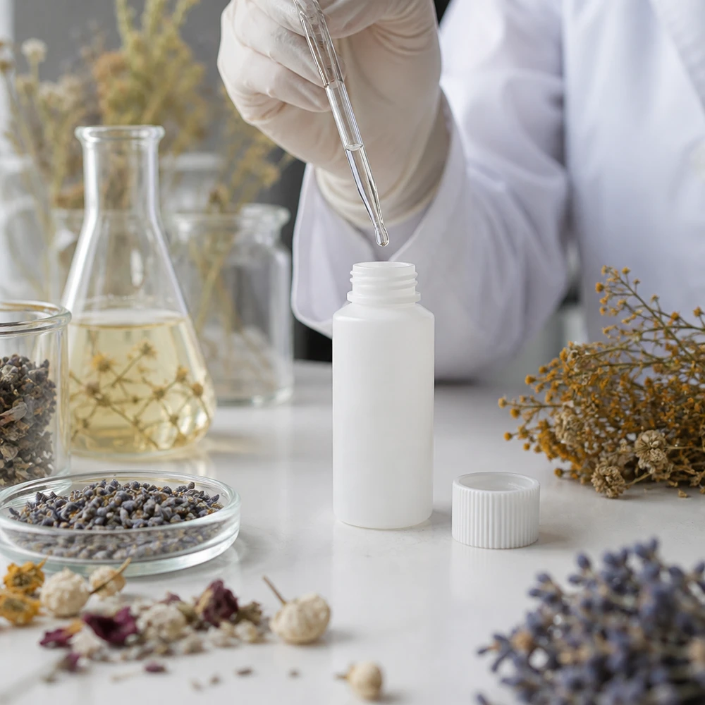 Naukowiec wlewa ekstrakt roślinny do białej butelki z HDPE o pojemności 30 ml z białym zakrętkiem