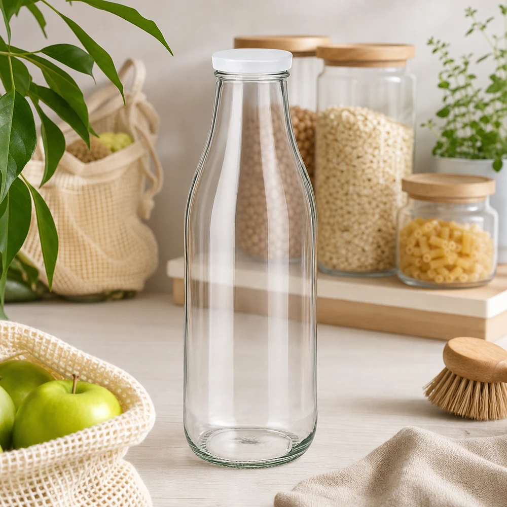 1000 ml pusta szklana butelka z białą pokrywką BasicSeal zrównoważona kuchnia zero waste styl życia przechowywanie